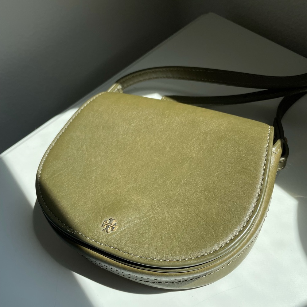 Tory Burch mini leather saddle bag in olive green